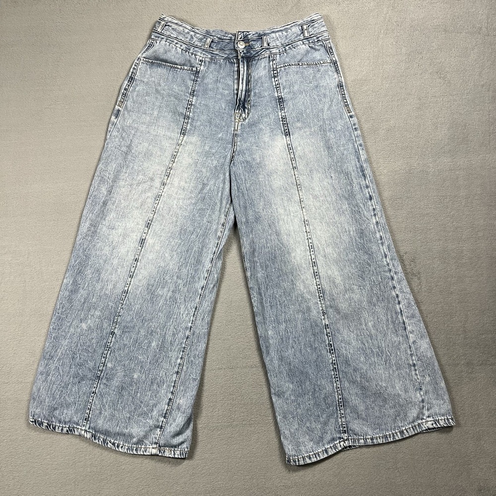 Kensie Jeans Womens 31 Blue Kaya Wide Leg Ankle High Rise Light Wash Stretch